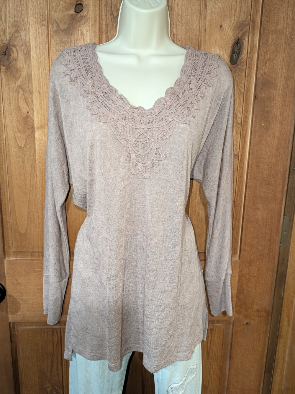 bobeau Lace-Trim Long Sleeve Tunic - Mauve Taupe